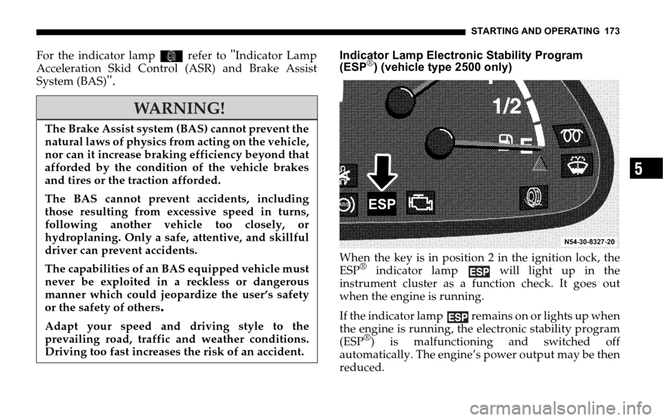 DODGE SPRINTER 2006 1.G User Guide STARTING AND OPERATING 173
5
For the indicator lamp k refer to "Indicator Lamp
Acceleration Skid Control (ASR) and Brake Assist
System (BAS)
".
Indicator Lamp Electronic Stability Program
(ESP®) (ve DODGE SPRINTER 2006 1.G User Guide STARTING AND OPERATING 173
5
For the indicator lamp k refer to "Indicator Lamp
Acceleration Skid Control (ASR) and Brake Assist
System (BAS)
".
Indicator Lamp Electronic Stability Program
(ESP®) (ve