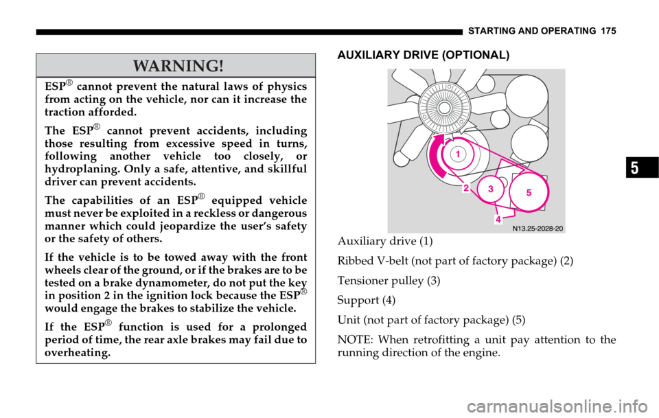 DODGE SPRINTER 2006 1.G Owners Manual STARTING AND OPERATING 175
5
AUXILIARY DRIVE (OPTIONAL)
Auxiliary drive (1)
Ribbed V-belt (not part of factory package) (2)
Tensioner pulley (3)
Support (4)
Unit (not part of factory package) (5)
NOTE