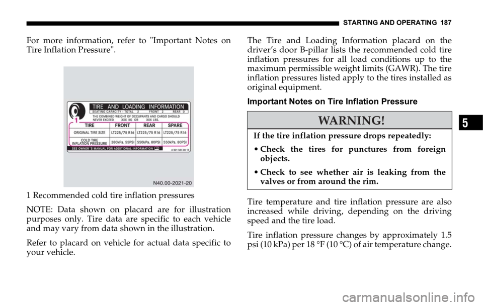 DODGE SPRINTER 2006 1.G Owners Manual STARTING AND OPERATING 187
5
For more information, refer to "Important Notes on
Tire Inflation Pressure".
1 Recommended cold tire inflation pressures
NOTE: Data shown on placard are for illustration
p