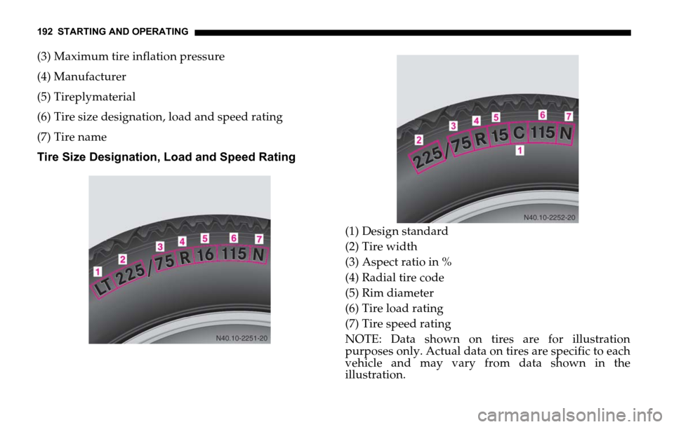 DODGE SPRINTER 2006 1.G Owners Manual 192 STARTING AND OPERATING
(3) Maximum tire inflation pressure 
(4) Manufacturer 
(5) Tireplymaterial 
(6) Tire size designation, load and speed rating 
(7) Tire name 
Tire Size Designation, Load and 