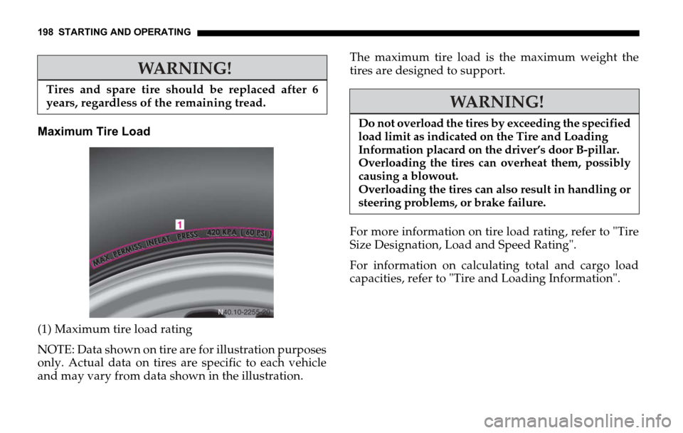 DODGE SPRINTER 2006 1.G Owners Manual 198 STARTING AND OPERATING
Maximum Tire Load
(1) Maximum tire load rating 
NOTE: Data shown on tire are for illustration purposes
only. Actual data on tires are specific to each vehicle
and may vary f DODGE SPRINTER 2006 1.G Owners Manual 198 STARTING AND OPERATING
Maximum Tire Load
(1) Maximum tire load rating 
NOTE: Data shown on tire are for illustration purposes
only. Actual data on tires are specific to each vehicle
and may vary f