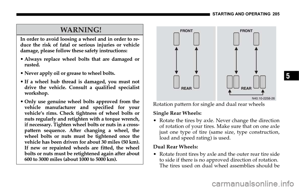 DODGE SPRINTER 2006 1.G Owners Manual STARTING AND OPERATING 205
5
Rotation pattern for single and dual rear wheels
Single Rear Wheels:
 Rotate the tires by axle. Never change the direction
of rotation of your tires. Make sure that on on