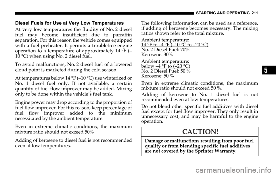 DODGE SPRINTER 2006 1.G Owners Manual STARTING AND OPERATING 211
5
Diesel Fuels for Use at Very Low Temperatures
At very low temperatures the fluidity of No. 2 diesel
fuel may become insufficient due to parraffin
separation. For this reas DODGE SPRINTER 2006 1.G Owners Manual STARTING AND OPERATING 211
5
Diesel Fuels for Use at Very Low Temperatures
At very low temperatures the fluidity of No. 2 diesel
fuel may become insufficient due to parraffin
separation. For this reas