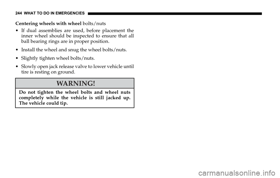 DODGE SPRINTER 2006 1.G Owners Manual 244 WHAT TO DO IN EMERGENCIES
Centering wheels with wheel bolts/nuts
 If dual assemblies are used, before placement the
inner wheel should be inspected to ensure that all
ball bearing rings are in pr