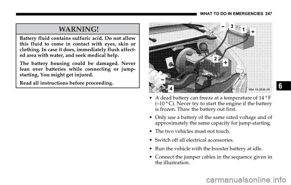 DODGE SPRINTER 2006 1.G Owners Manual WHAT TO DO IN EMERGENCIES 247
6
A dead battery can freeze at a temperature of 14°F
(–10°C). Never try to start the engine if the battery
is frozen. Thaw the battery out first.
Only use a batte DODGE SPRINTER 2006 1.G Owners Manual WHAT TO DO IN EMERGENCIES 247
6
A dead battery can freeze at a temperature of 14°F
(–10°C). Never try to start the engine if the battery
is frozen. Thaw the battery out first.
Only use a batte
