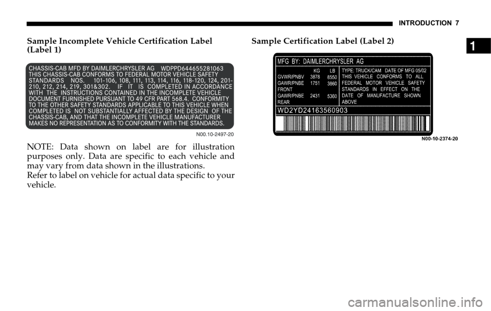 DODGE SPRINTER 2006 1.G Owners Manual INTRODUCTION 7
1Sample Incomplete Vehicle Certification Label 
(Label 1)
NOTE: Data shown on label are for illustration
purposes only. Data are specific to each vehicle and
may vary from data shown in