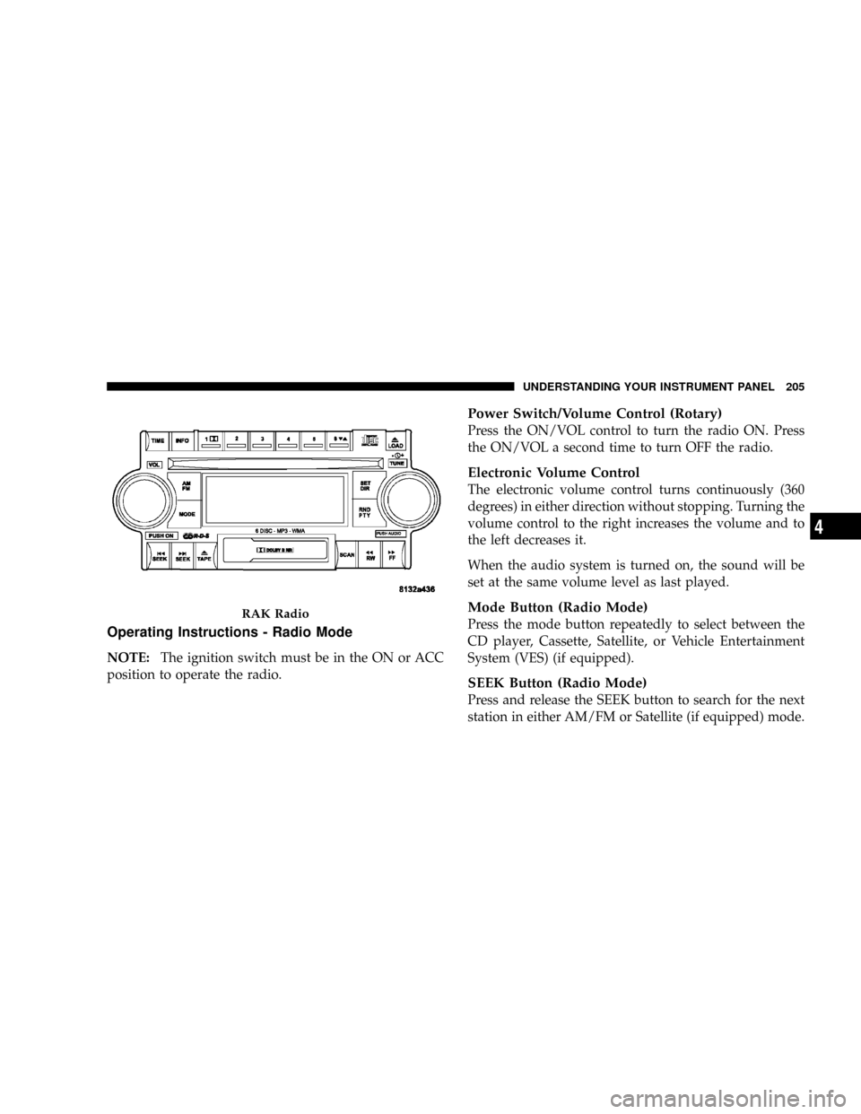 DODGE POWER WAGON 2007 2.G Owners Manual Operating Instructions - Radio Mode
NOTE:The ignition switch must be in the ON or ACC
position to operate the radio.
Power Switch/Volume Control (Rotary)
Press the ON/VOL control to turn the radio ON.