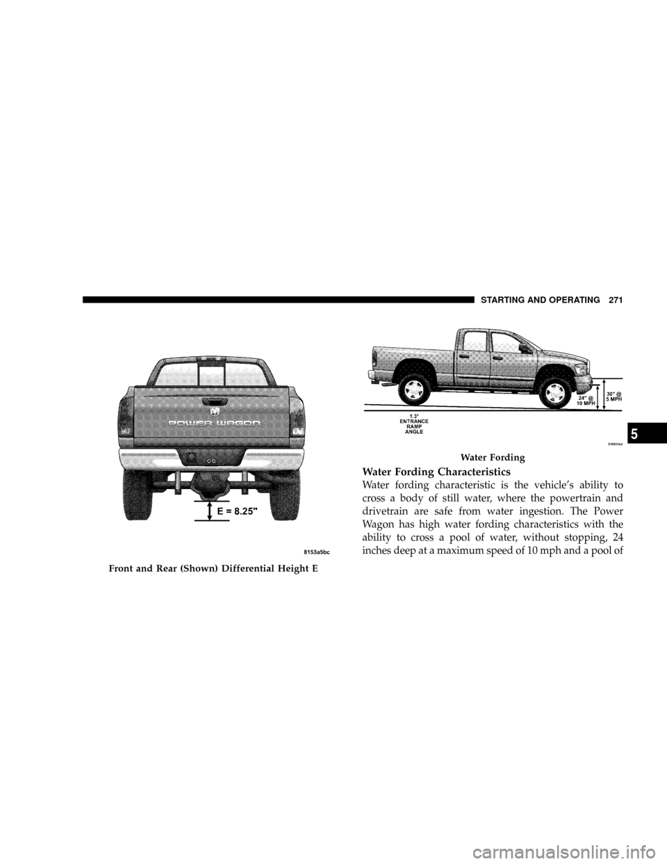 DODGE POWER WAGON 2007 2.G Owners Manual Water Fording Characteristics
Water fording characteristic is the vehicles ability to
cross a body of still water, where the powertrain and
drivetrain are safe from water ingestion. The Power
Wagon h