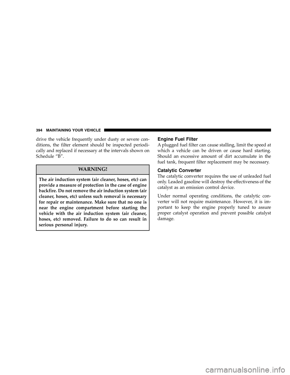 DODGE POWER WAGON 2007 2.G Owners Manual drive the vehicle frequently under dusty or severe con-
ditions, the filter element should be inspected periodi-
cally and replaced if necessary at the intervals shown on
Schedule ªBº.
WARNING!
The 
