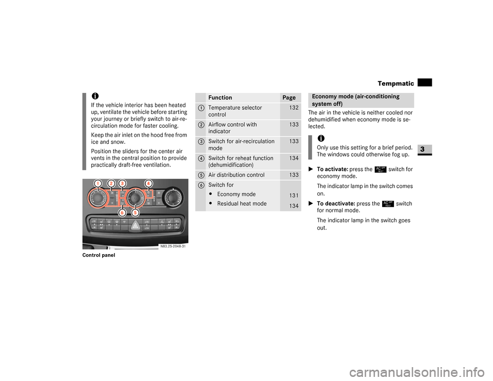 DODGE SPRINTER 2007 2.G Owners Manual 131 Controls in detail
Tempmatic
3
Control panel
The air in the vehicle is neither cooled nor 
dehumidified when economy mode is se-
lected.
\1To activate: press the° switch for 
economy mode.
The in