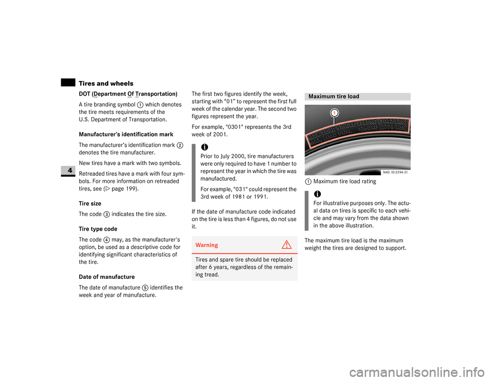 DODGE SPRINTER 2007 2.G Owners Manual 226 OperationTires and wheels
4
DOT (D
epartment O
f T
ransportation)
A tire branding symbol1 which denotes 
the tire meets requirements of the 
U.S. Department of Transportation.
Manufacturer’s ide