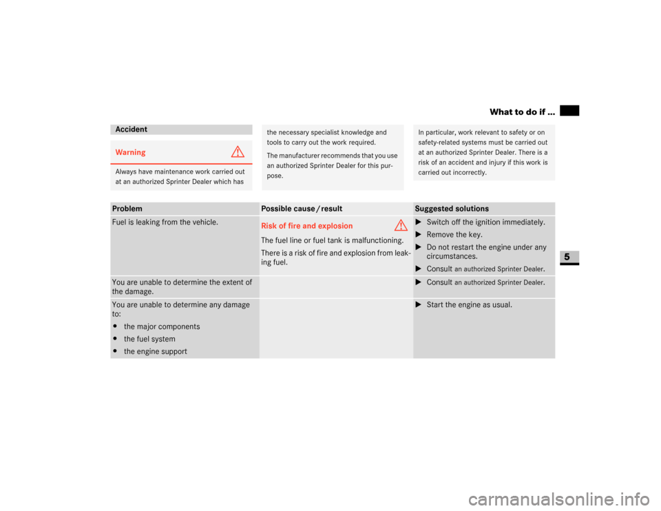 DODGE SPRINTER 2007 2.G Manual PDF 251 Practical hints
What to do if ...
5
AccidentWarning
G
Always have maintenance work carried out 
at an authorized Sprinter Dealer which has
the necessary specialist knowledge and 
tools to carry ou