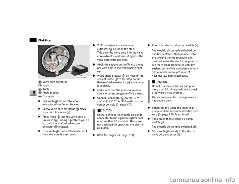 DODGE SPRINTER 2007 2.G Owners Manual 330 Practical hintsFlat tire
5
aValve core extractor
bHook
cKnob
dAngle bracket
eTire valve
\1Pull knob c out of valve core 
extractora as far as the stop.
\1Screw valve core extractora clock-
wise on