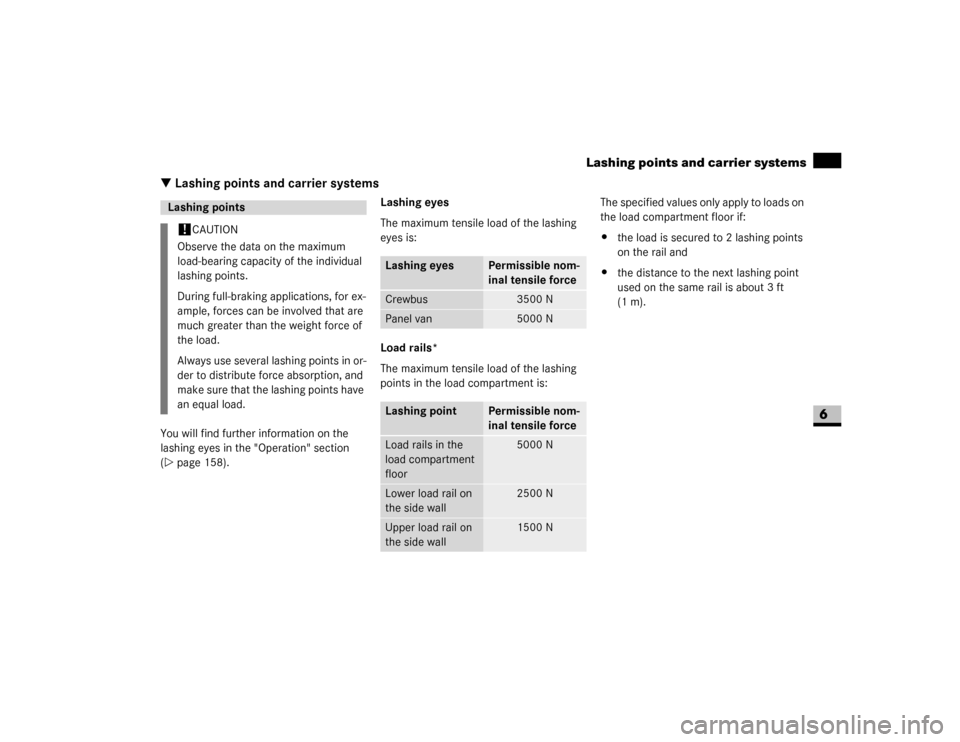 DODGE SPRINTER 2007 2.G User Guide 371 *Technical data
Lashing points and carrier systems
6
\3 Lashing points and carrier systemsYou will find further information on the 
lashing eyes in the "Operation" section 
(\2page 158).Lashing ey