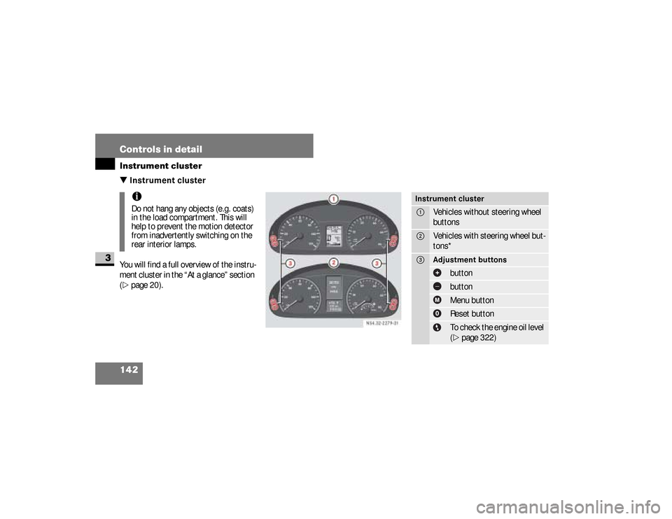 DODGE SPRINTER 2008 2.G Owners Manual 142 Controls in detailInstrument cluster
3
\3 Instrument clusterYou will find a full overview of the instru-
ment cluster in the “At a glance” section 
(\2
page 20).iDo not hang any objects (e.g. 