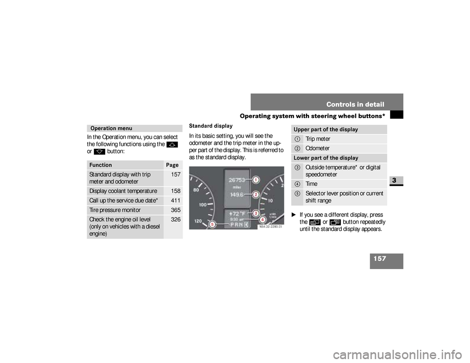 DODGE SPRINTER 2008 2.G Owners Manual 157 Controls in detail
Operating system with steering wheel buttons*
3
In the Operation menu, you can select 
the following functions using the 
j
 
or 
k
 button:
Standard displayIn its basic setting