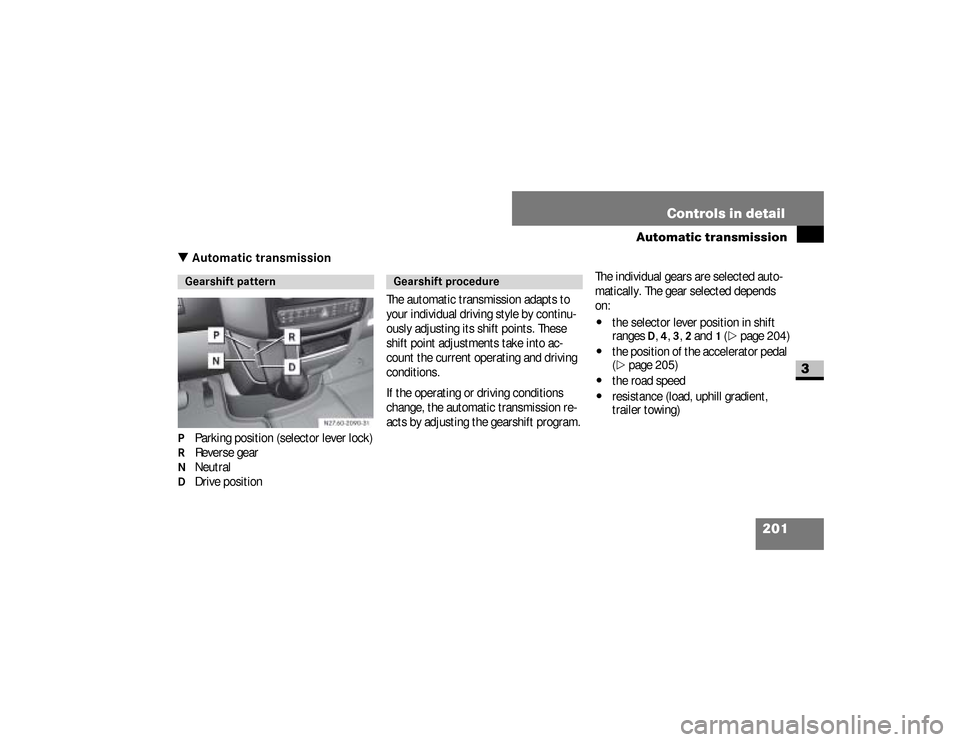 DODGE SPRINTER 2008 2.G Owners Manual 201 Controls in detail
Automatic transmission
3
\3 Automatic transmissionP   Parking position (selector lever lock)R   Reverse gearN   NeutralD   Drive positionThe automatic transmission adapts to 
yo
