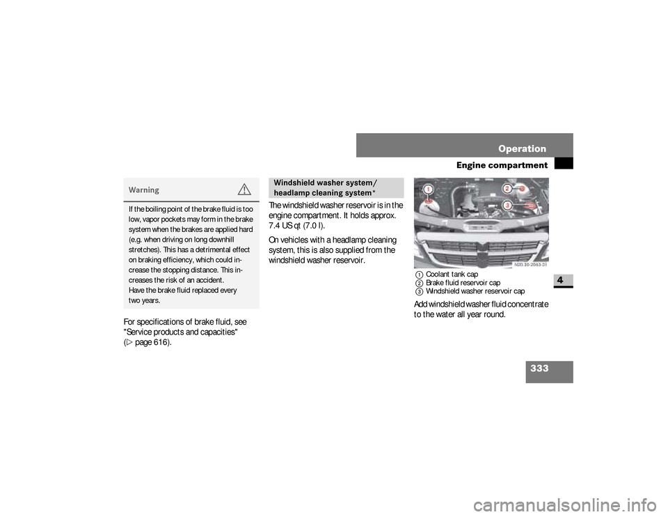 DODGE SPRINTER 2008 2.G User Guide 333 Operation
Engine compartment
4
For specifications of brake fluid, see 
"Service products and capacities" 
(\2
page 616).The windshield washer reservoir is in the 
engine compartment. It holds appr