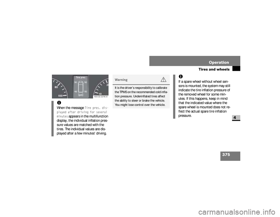 DODGE SPRINTER 2008 2.G Owners Manual 375 Operation
Tires and wheels
4 i
When the message 
Tire pres. dis-
played after driving for several 
minutes
 appears in the multifunction 
display, the individual inflation pres-
sure values are ma