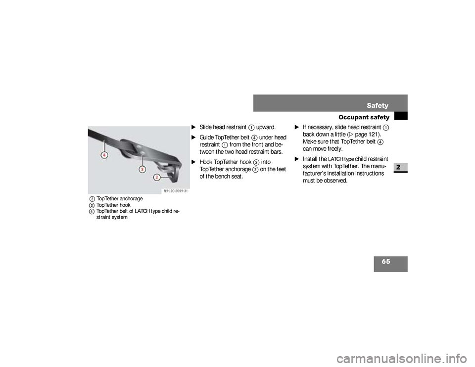 DODGE SPRINTER 2008 2.G Repair Manual 65 Safety
Occupant safety
2
 2 TopTether anchorage
3TopTether hook
4TopTether belt of LATCH type child re-
straint system
\1
Slide head restraint
1
 upward.
\1
Guide TopTether belt
4
 under head 
rest