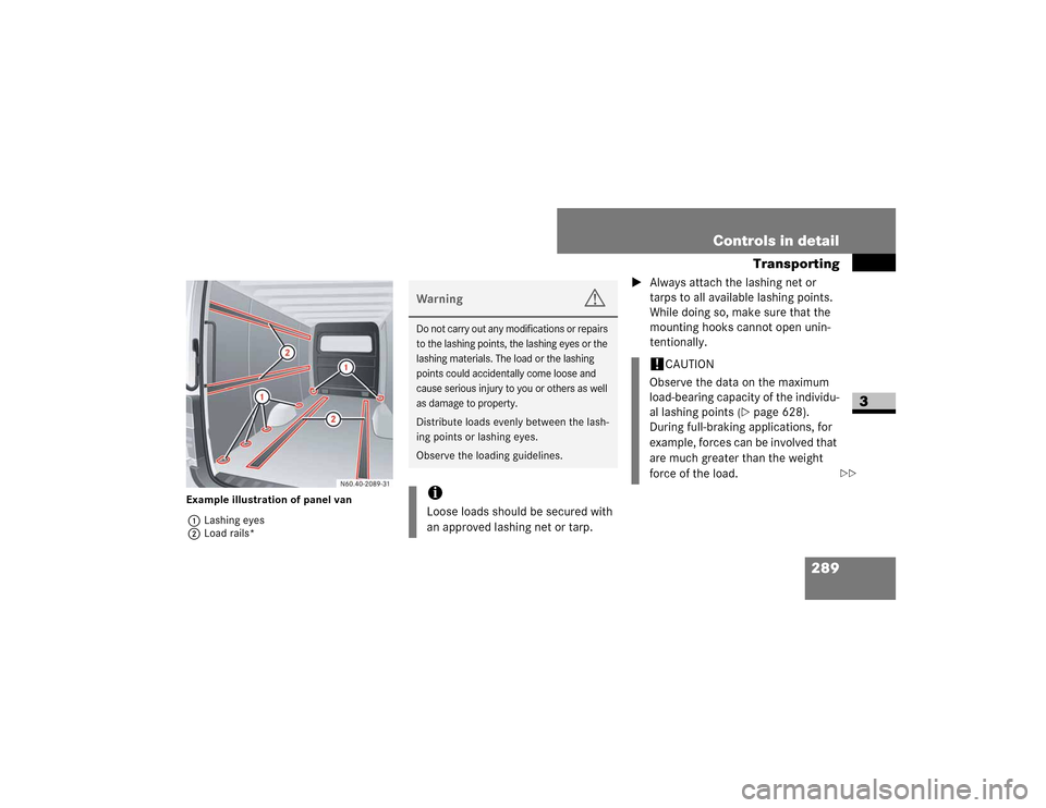 DODGE SPRINTER 2009 2.G Owners Manual 289
Controls in detail
Transporting
3
Example illustration of panel van
1
�/�D�V�K�L�Q�J��H�\�H�V
2
�/�R�D�G��U�D�L�O�V�
 �$�O�Z�D�\�V��D�W�W�D�F�K��W�K�H��O�D�V�K�L�Q�J��Q�H�W��R�U�
�W�D�U�