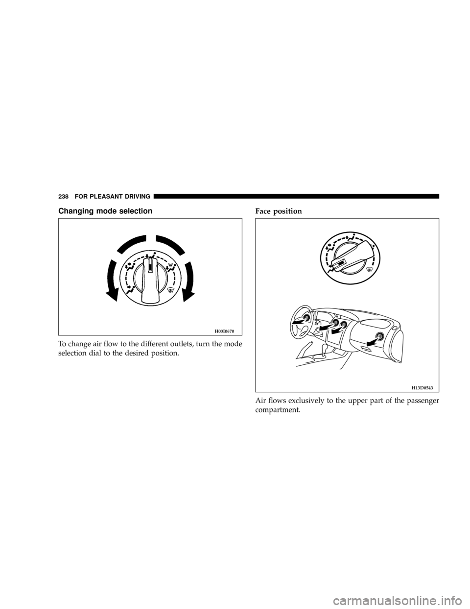 DODGE STRATUS COUPE 2004 2.G Owners Manual Changing mode selection
To change air flow to the different outlets, turn the mode
selection dial to the desired position.
Face position
Air flows exclusively to the upper part of the passenger
compar