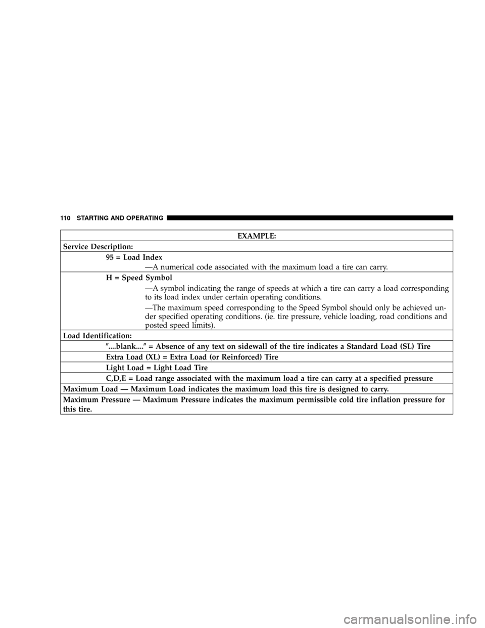DODGE VIPER 2004 ZB / 2.G Owners Manual EXAMPLE:
Service Description:
95 = Load Index
ÐA numerical code associated with the maximum load a tire can carry.
H = Speed Symbol
ÐA symbol indicating the range of speeds at which a tire can carry