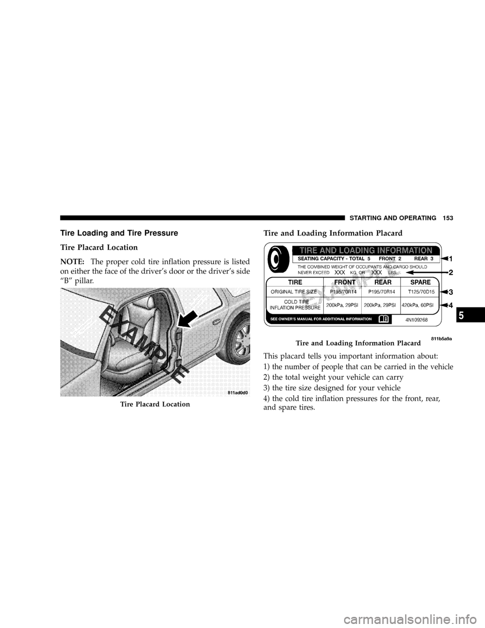 DODGE VIPER 2008 ZB II / 2.G Owners Manual Tire Loading and Tire Pressure
Tire Placard Location
NOTE:The proper cold tire inflation pressure is listed
on either the face of the drivers door or the drivers side
ªBº pillar.
Tire and Loading DODGE VIPER 2008 ZB II / 2.G Owners Manual Tire Loading and Tire Pressure
Tire Placard Location
NOTE:The proper cold tire inflation pressure is listed
on either the face of the drivers door or the drivers side
ªBº pillar.
Tire and Loading