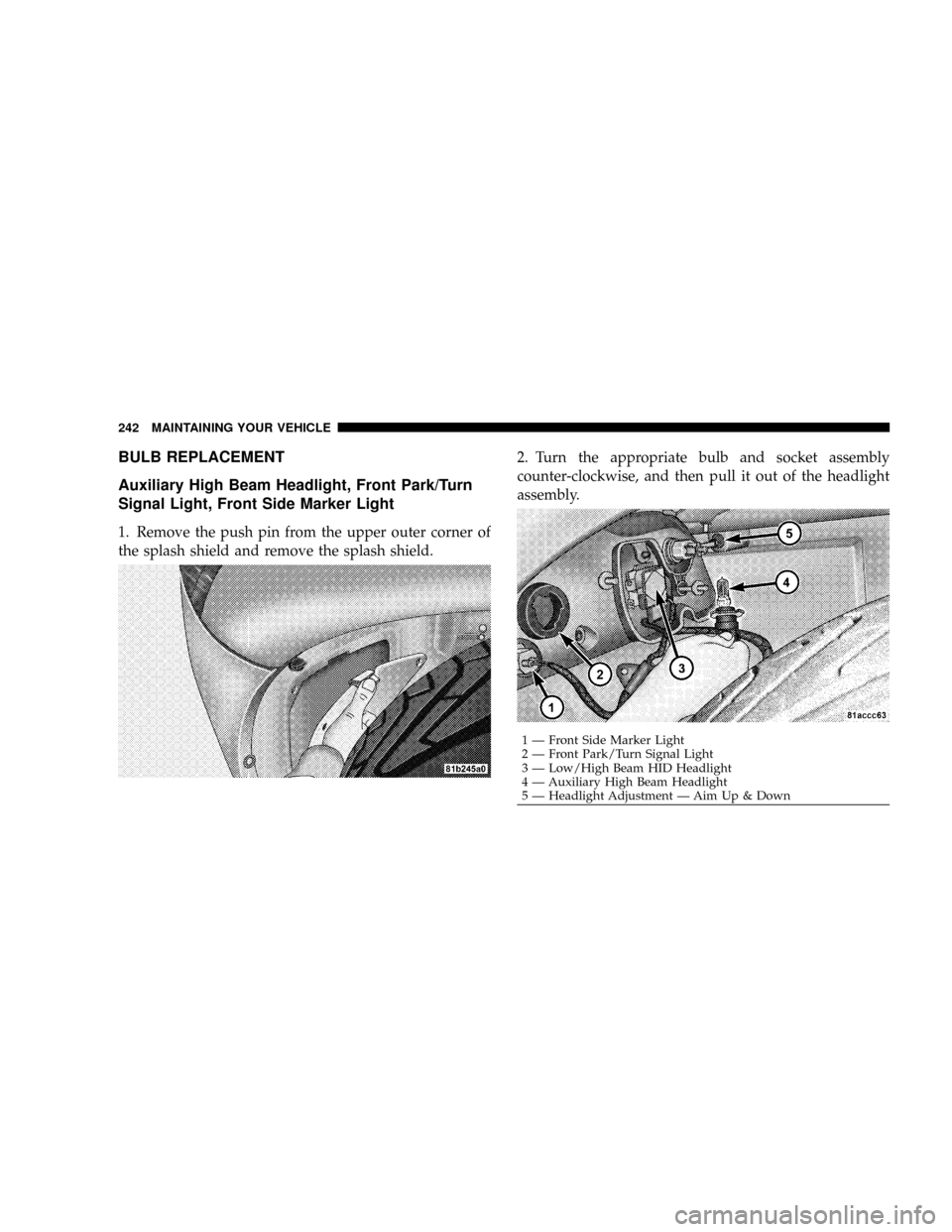 DODGE VIPER 2008 ZB II / 2.G Owners Manual BULB REPLACEMENT
Auxiliary High Beam Headlight, Front Park/Turn
Signal Light, Front Side Marker Light
1. Remove the push pin from the upper outer corner of
the splash shield and remove the splash shie DODGE VIPER 2008 ZB II / 2.G Owners Manual BULB REPLACEMENT
Auxiliary High Beam Headlight, Front Park/Turn
Signal Light, Front Side Marker Light
1. Remove the push pin from the upper outer corner of
the splash shield and remove the splash shie