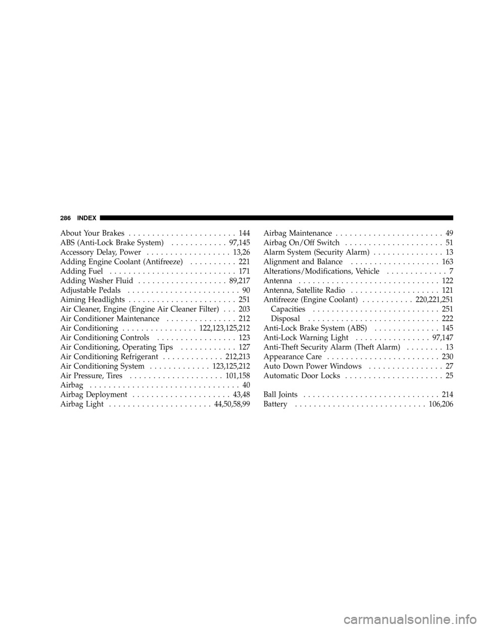 DODGE VIPER 2008 ZB II / 2.G Owners Manual About Your Brakes....................... 144
ABS (Anti-Lock Brake System)............97,145
Accessory Delay, Power..................13,26
Adding Engine Coolant (Antifreeze).......... 221
Adding Fuel.. DODGE VIPER 2008 ZB II / 2.G Owners Manual About Your Brakes....................... 144
ABS (Anti-Lock Brake System)............97,145
Accessory Delay, Power..................13,26
Adding Engine Coolant (Antifreeze).......... 221
Adding Fuel..