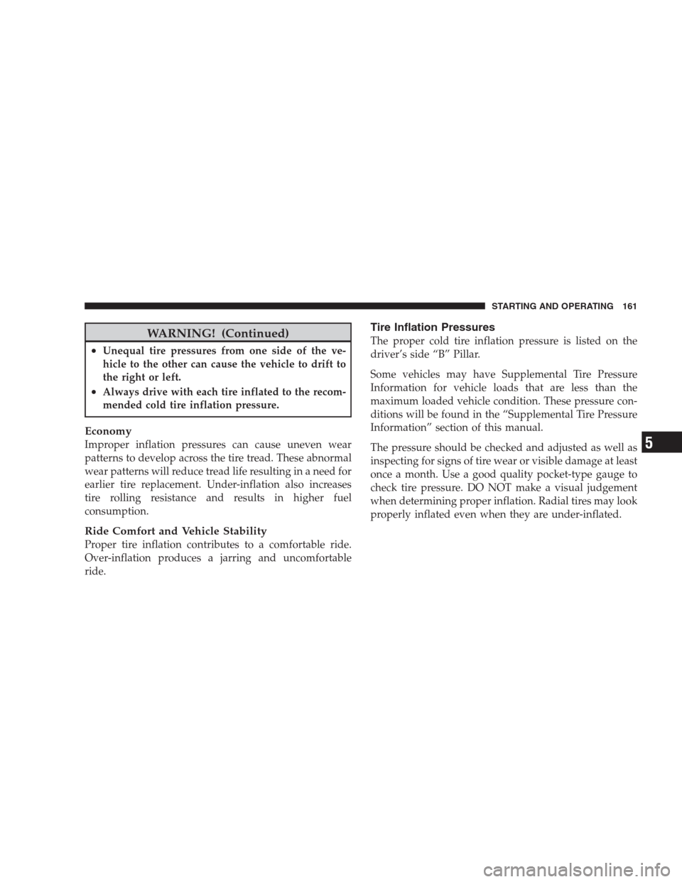 DODGE VIPER 2009 ZB II / 2.G Owners Manual WARNING! (Continued)
•Unequal tire pressures from one side of the ve-
hicle to the other can cause the vehicle to drift to
the right or left.
•Always drive with each tire inflated to the recom-
me