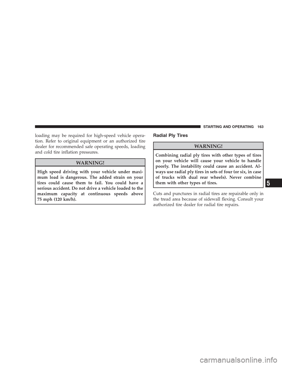 DODGE VIPER 2009 ZB II / 2.G Owners Manual loading may be required for high-speed vehicle opera-
tion. Refer to original equipment or an authorized tire
dealer for recommended safe operating speeds, loading
and cold tire inflation pressures.
W