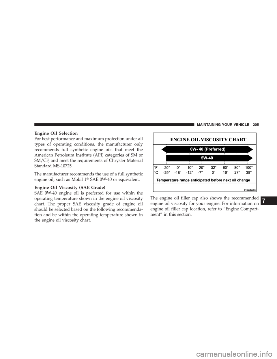DODGE VIPER 2009 ZB II / 2.G Workshop Manual Engine Oil Selection
For best performance and maximum protection under all
types of operating conditions, the manufacturer only
recommends full synthetic engine oils that meet the
American Petroleum I