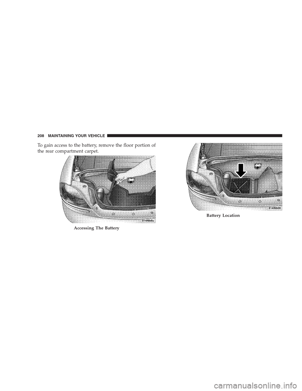 DODGE VIPER 2009 ZB II / 2.G Owners Manual To gain access to the battery, remove the floor portion of
the rear compartment carpet.
Accessing The Battery
Battery Location
208 MAINTAINING YOUR VEHICLE DODGE VIPER 2009 ZB II / 2.G Owners Manual To gain access to the battery, remove the floor portion of
the rear compartment carpet.
Accessing The Battery
Battery Location
208 MAINTAINING YOUR VEHICLE