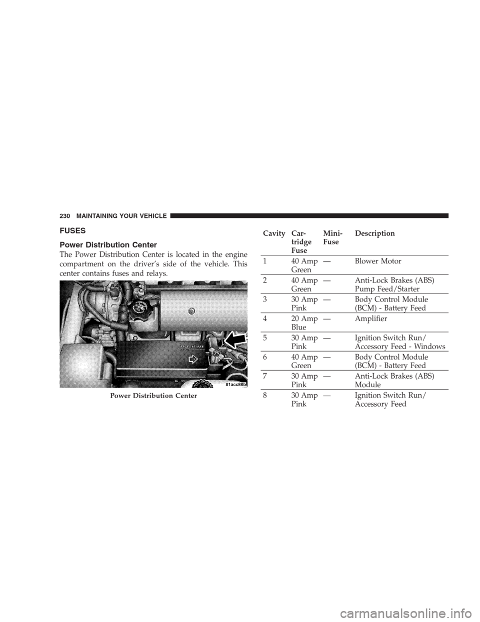 DODGE VIPER 2009 ZB II / 2.G Owners Manual FUSES
Power Distribution Center
The Power Distribution Center is located in the engine
compartment on the driver’s side of the vehicle. This
center contains fuses and relays.
Cavity Car-
tridge
Fuse