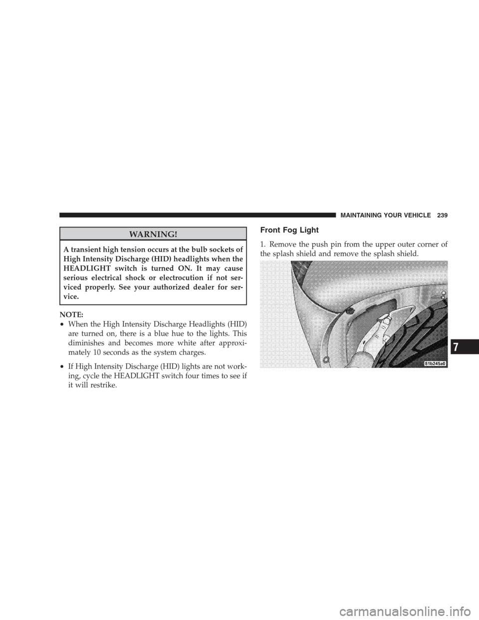 DODGE VIPER 2009 ZB II / 2.G Owners Manual WARNING!
A transient high tension occurs at the bulb sockets of
High Intensity Discharge (HID) headlights when the
HEADLIGHT switch is turned ON. It may cause
serious electrical shock or electrocution
