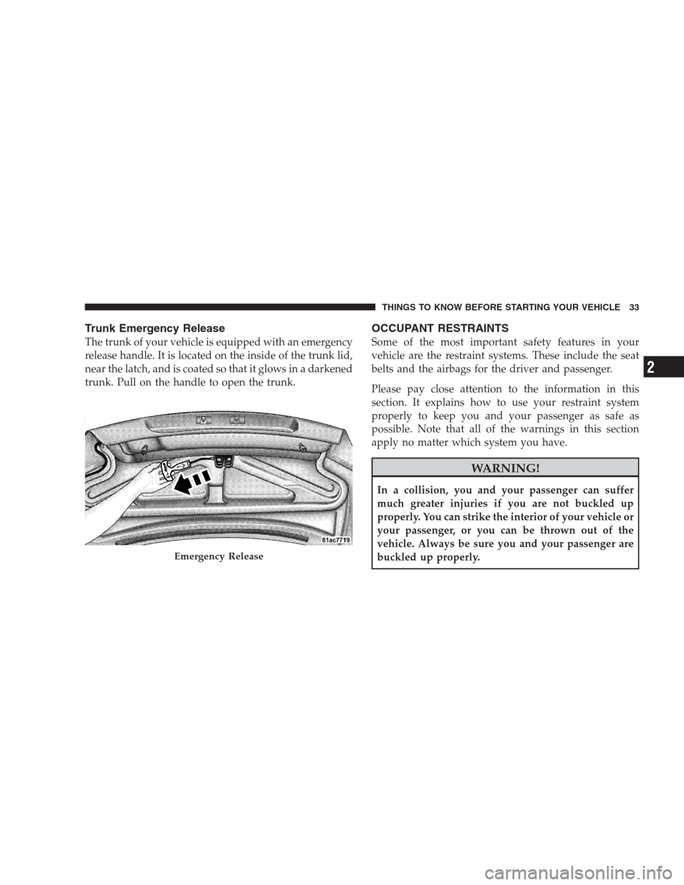 DODGE VIPER 2009 ZB II / 2.G Owners Guide Trunk Emergency Release
The trunk of your vehicle is equipped with an emergency
release handle. It is located on the inside of the trunk lid,
near the latch, and is coated so that it glows in a darken