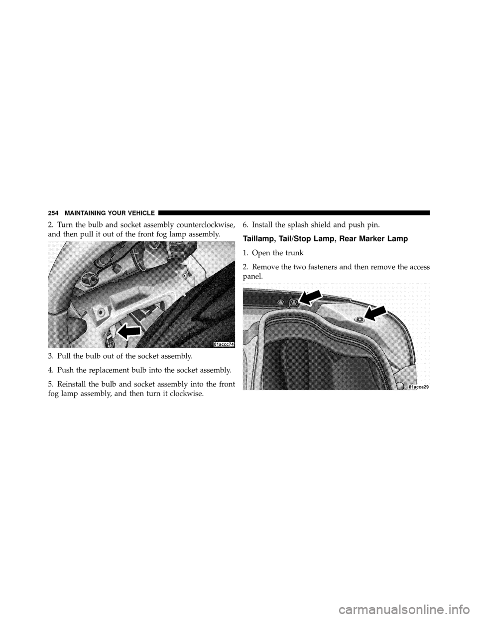 DODGE VIPER 2010 ZB II / 2.G Owners Manual 2. Turn the bulb and socket assembly counterclockwise,
and then pull it out of the front fog lamp assembly.
3. Pull the bulb out of the socket assembly.
4. Push the replacement bulb into the socket as DODGE VIPER 2010 ZB II / 2.G Owners Manual 2. Turn the bulb and socket assembly counterclockwise,
and then pull it out of the front fog lamp assembly.
3. Pull the bulb out of the socket assembly.
4. Push the replacement bulb into the socket as