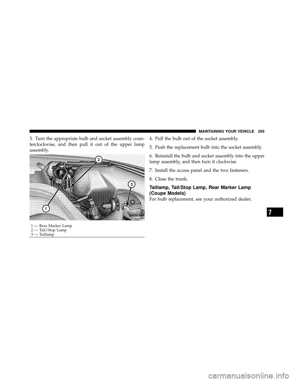 DODGE VIPER 2010 ZB II / 2.G Owners Manual 3. Turn the appropriate bulb and socket assembly coun-
terclockwise, and then pull it out of the upper lamp
assembly.4. Pull the bulb out of the socket assembly.
5. Push the replacement bulb into the DODGE VIPER 2010 ZB II / 2.G Owners Manual 3. Turn the appropriate bulb and socket assembly coun-
terclockwise, and then pull it out of the upper lamp
assembly.4. Pull the bulb out of the socket assembly.
5. Push the replacement bulb into the