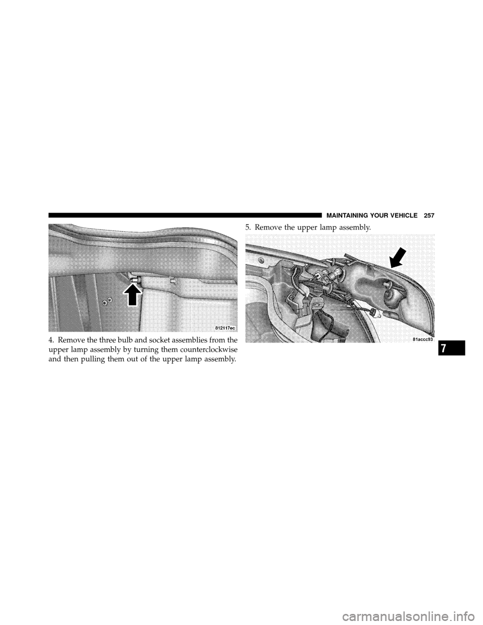 DODGE VIPER 2010 ZB II / 2.G Owners Manual 4. Remove the three bulb and socket assemblies from the
upper lamp assembly by turning them counterclockwise
and then pulling them out of the upper lamp assembly.5. Remove the upper lamp assembly.
7
M