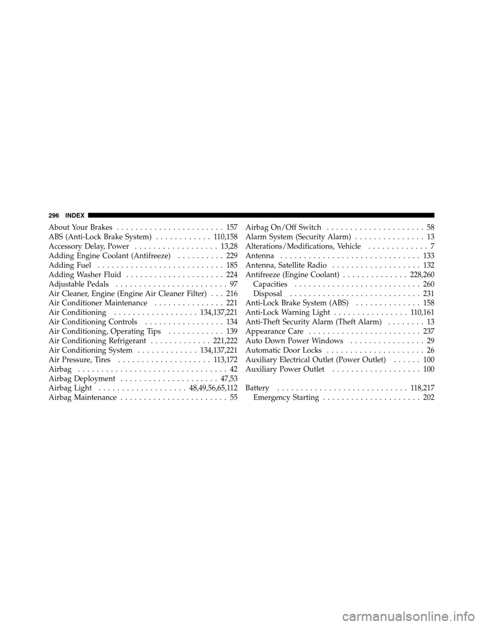 DODGE VIPER 2010 ZB II / 2.G Owners Manual About Your Brakes....................... 157
ABS (Anti-Lock Brake System) ............ 110,158
Accessory Delay, Power ..................13,28
Adding Engine Coolant (Antifreeze) .......... 229
Adding F DODGE VIPER 2010 ZB II / 2.G Owners Manual About Your Brakes....................... 157
ABS (Anti-Lock Brake System) ............ 110,158
Accessory Delay, Power ..................13,28
Adding Engine Coolant (Antifreeze) .......... 229
Adding F