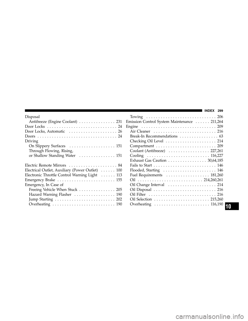 DODGE VIPER 2010 ZB II / 2.G User Guide DisposalAntifreeze (Engine Coolant) ............... 231
Door Locks ............................. 24
Door Locks, Automatic .................... 26
Doors ................................. 24
Driving On DODGE VIPER 2010 ZB II / 2.G User Guide DisposalAntifreeze (Engine Coolant) ............... 231
Door Locks ............................. 24
Door Locks, Automatic .................... 26
Doors ................................. 24
Driving On