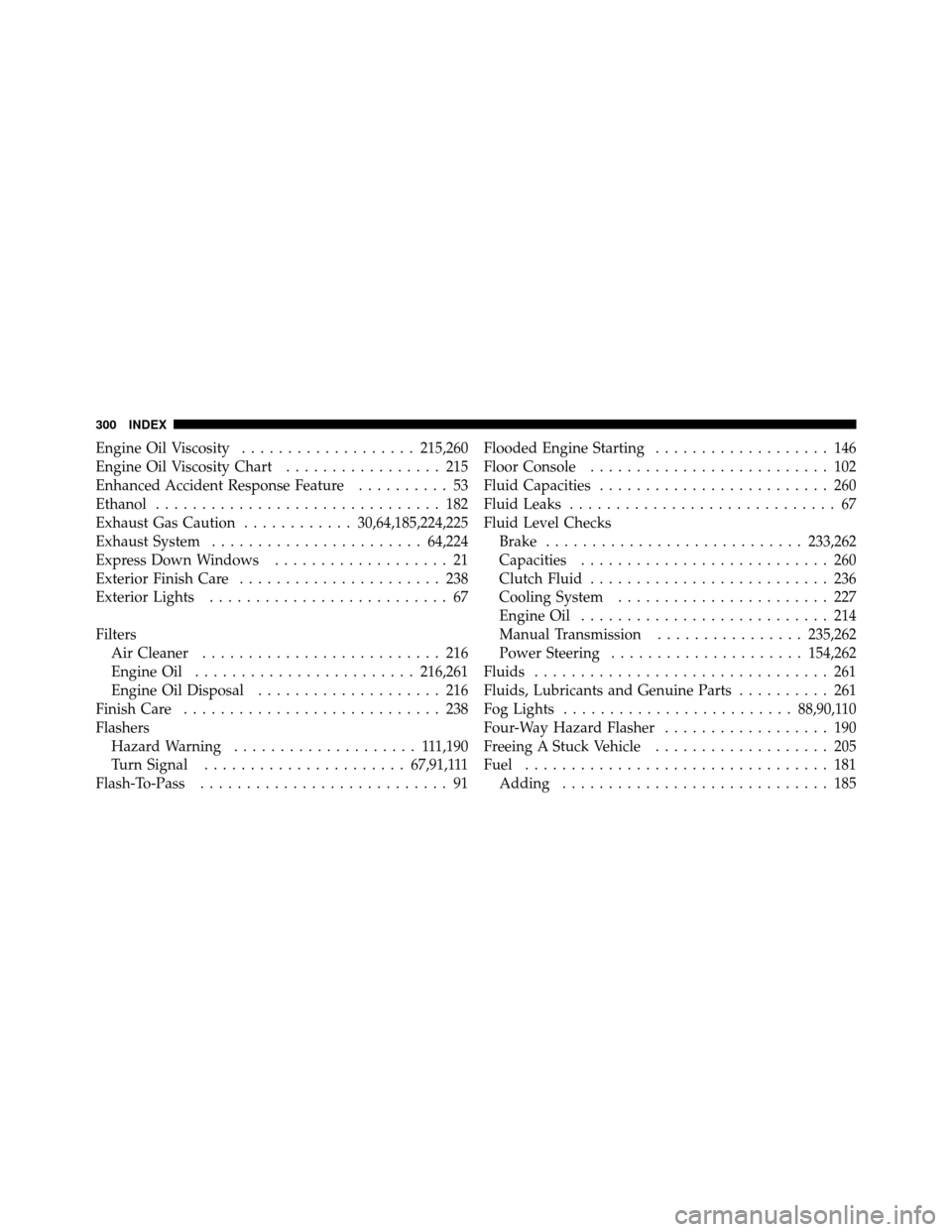 DODGE VIPER 2010 ZB II / 2.G Owners Manual Engine Oil Viscosity................... 215,260
Engine Oil Viscosity Chart ................. 215
Enhanced Accident Response Feature .......... 53
Ethanol ............................... 182
Exhaust Ga DODGE VIPER 2010 ZB II / 2.G Owners Manual Engine Oil Viscosity................... 215,260
Engine Oil Viscosity Chart ................. 215
Enhanced Accident Response Feature .......... 53
Ethanol ............................... 182
Exhaust Ga