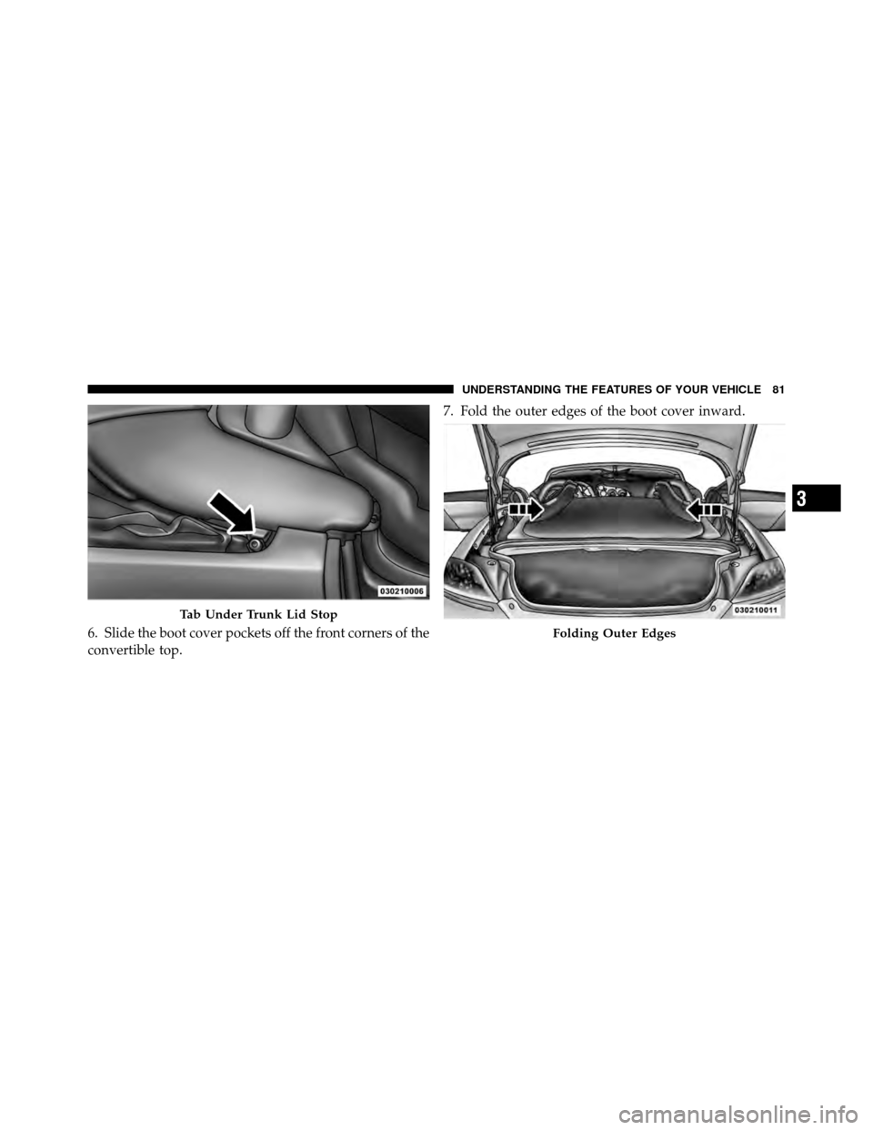 DODGE VIPER 2010 ZB II / 2.G Manual Online 6. Slide the boot cover pockets off the front corners of the
convertible top.7. Fold the outer edges of the boot cover inward.
Tab Under Trunk Lid Stop
Folding Outer Edges
3
UNDERSTANDING THE FEATURES