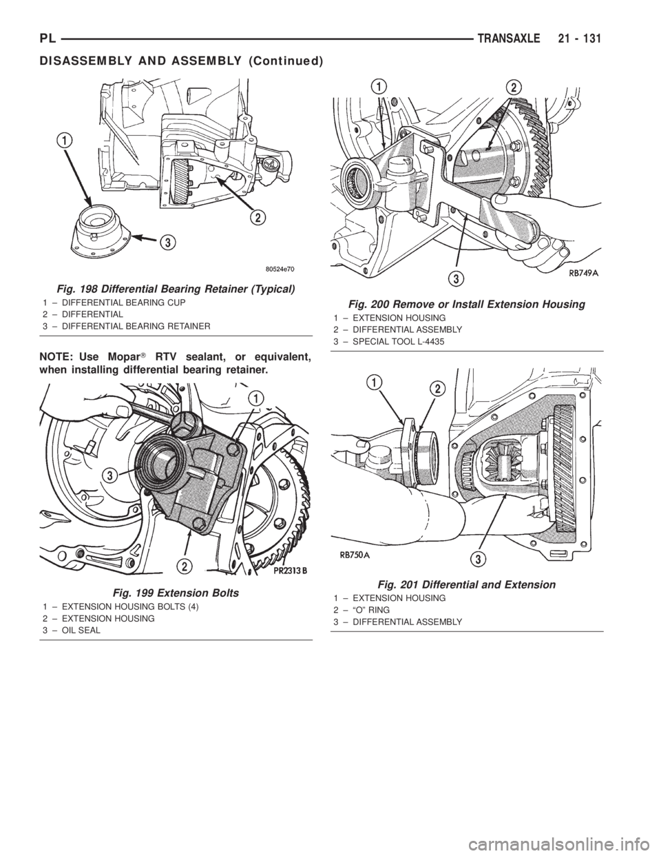 DODGE NEON 2000 Service Repair Manual NOTE: Use MoparTRTV sealant, or equivalent,
when installing differential bearing retainer.
Fig. 198 Differential Bearing Retainer (Typical)
1 ± DIFFERENTIAL BEARING CUP
2 ± DIFFERENTIAL
3 ± DIFFERE DODGE NEON 2000 Service Repair Manual NOTE: Use MoparTRTV sealant, or equivalent,
when installing differential bearing retainer.
Fig. 198 Differential Bearing Retainer (Typical)
1 ± DIFFERENTIAL BEARING CUP
2 ± DIFFERENTIAL
3 ± DIFFERE