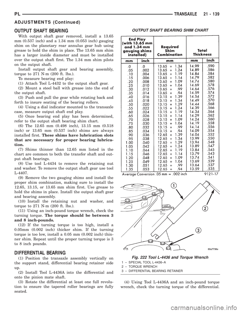 DODGE NEON 2000  Service Repair Manual OUTPUT SHAFT BEARING
With output shaft gear removed, install a 13.65
mm (0.537 inch) and a 1.34 mm (0.053 inch) gauging
shim on the planetary rear annulus gear hub using
grease to hold the shim in pla