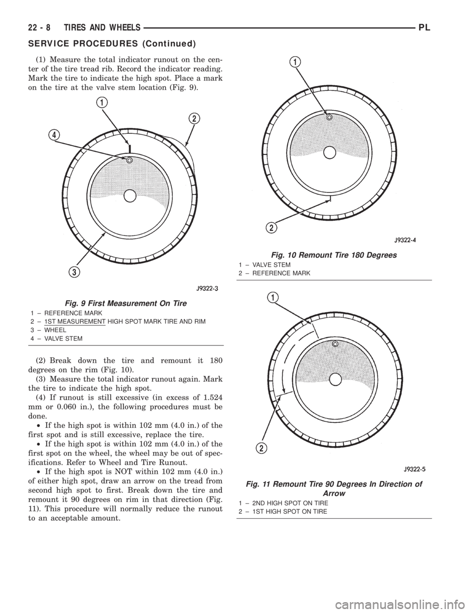 DODGE NEON 2000  Service Repair Manual (1) Measure the total indicator runout on the cen-
ter of the tire tread rib. Record the indicator reading.
Mark the tire to indicate the high spot. Place a mark
on the tire at the valve stem location