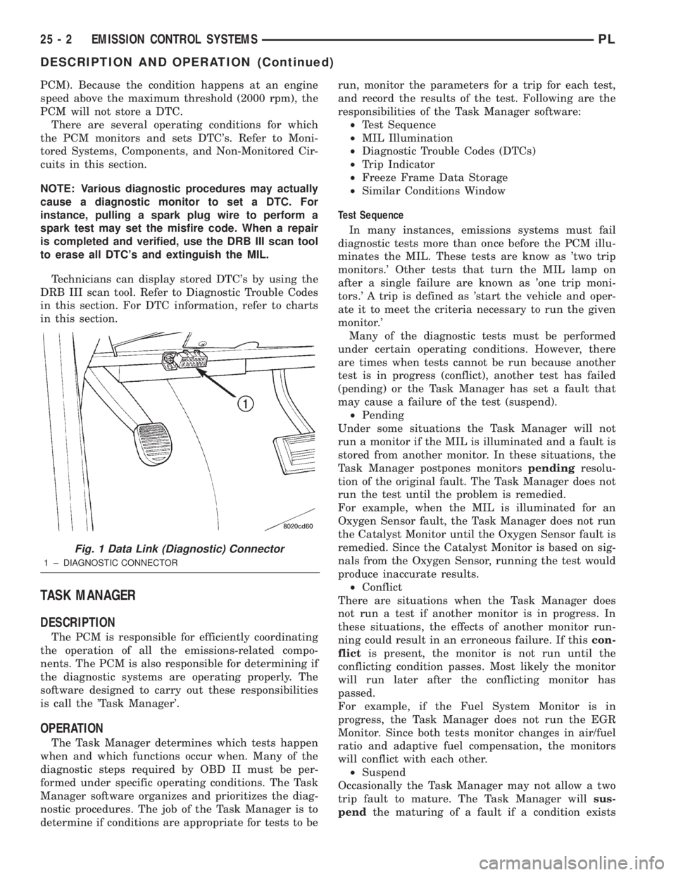 DODGE NEON 2000 Service Repair Manual PCM). Because the condition happens at an engine
speed above the maximum threshold (2000 rpm), the
PCM will not store a DTC.
There are several operating conditions for which
the PCM monitors and sets DODGE NEON 2000 Service Repair Manual PCM). Because the condition happens at an engine
speed above the maximum threshold (2000 rpm), the
PCM will not store a DTC.
There are several operating conditions for which
the PCM monitors and sets