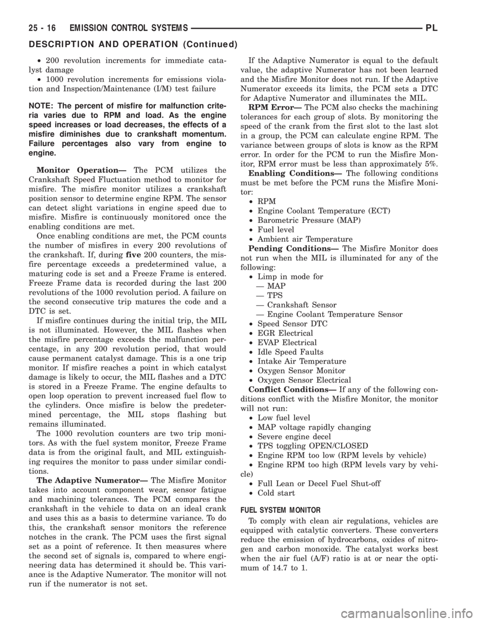 DODGE NEON 2000 Service Repair Manual ²200 revolution increments for immediate cata-
lyst damage
²1000 revolution increments for emissions viola-
tion and Inspection/Maintenance (I/M) test failure
NOTE: The percent of misfire for malfun DODGE NEON 2000 Service Repair Manual ²200 revolution increments for immediate cata-
lyst damage
²1000 revolution increments for emissions viola-
tion and Inspection/Maintenance (I/M) test failure
NOTE: The percent of misfire for malfun