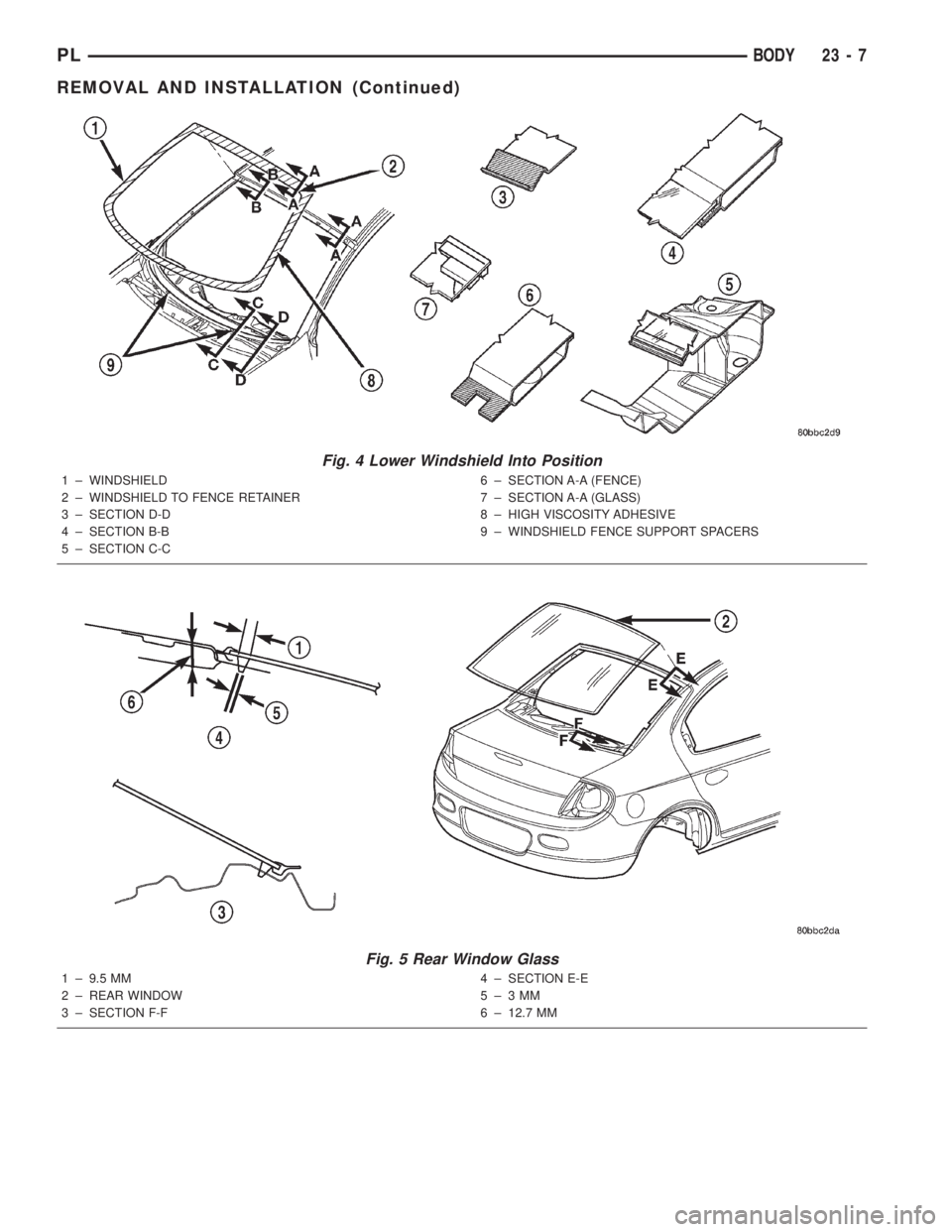 DODGE NEON 2000 Service Repair Manual Fig. 4 Lower Windshield Into Position
1 ± WINDSHIELD
2 ± WINDSHIELD TO FENCE RETAINER
3 ± SECTION D-D
4 ± SECTION B-B
5 ± SECTION C-C6 ± SECTION A-A (FENCE)
7 ± SECTION A-A (GLASS)
8 ± HIGH VI DODGE NEON 2000 Service Repair Manual Fig. 4 Lower Windshield Into Position
1 ± WINDSHIELD
2 ± WINDSHIELD TO FENCE RETAINER
3 ± SECTION D-D
4 ± SECTION B-B
5 ± SECTION C-C6 ± SECTION A-A (FENCE)
7 ± SECTION A-A (GLASS)
8 ± HIGH VI